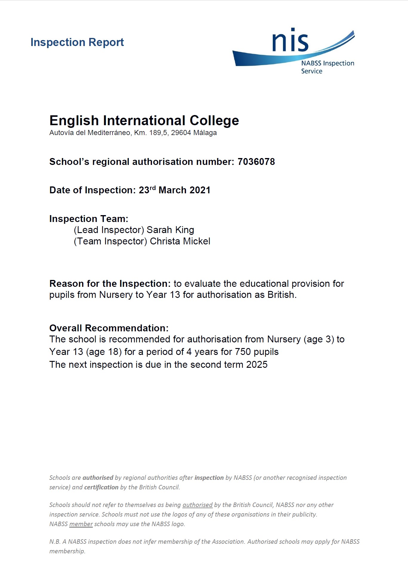 NABSS Inspection Report - 23rd March 2021